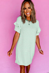 Green Stripe Ruffled Short Sleeve Crew Neck T Shirt Shift Mini Dress T Shirt Dresses JT's Designer Fashion