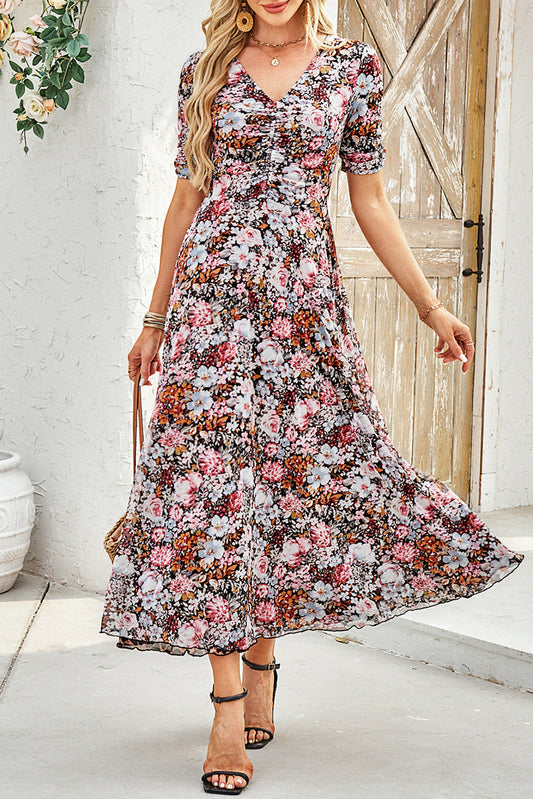 Brown Mesh Leopard Floral Reversible V Neck Short Sleeve Dress Dresses JT's Designer Fashion
