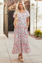 Pink Floral Puff Sleeve Square Neck Empire Waist Tiered Maxi Dress Floral Dresses JT's Designer Fashion
