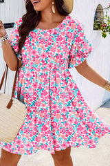 White Plus Size Floral Print Frilled Short Sleeve Flare Dress White 100%Polyester Plus Size Mini Dresses JT's Designer Fashion
