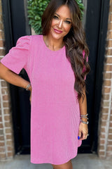Bright Pink Corded Knit Crew Neck Puff Sleeve Shift Mini Dress T Shirt Dresses JT's Designer Fashion