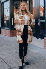 Brown Plaid Print Flap Pockets Long Shacket Plaid Shackets JT's Designer Fashion