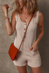Parchment Corded Knit Side Pockets Buttoned Sleeveless Romper Jumpsuits & Rompers JT's Designer Fashion