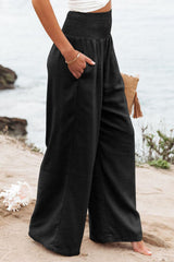 Black Shirred High Waist Plus Size Wide Leg Pants Plus Size Bottoms JT's Designer Fashion