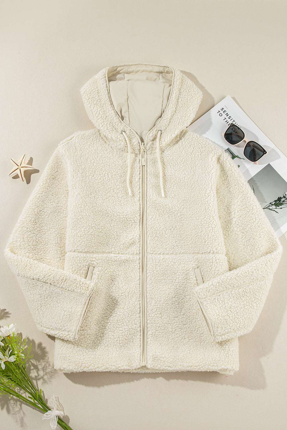 Beige Fleece Zip Up Drawstring Hooded Pocketed Jacket Jackets JT's Designer Fashion