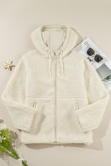Beige Fleece Zip Up Drawstring Hooded Pocketed Jacket Jackets JT's Designer Fashion