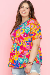 Pink Floral / Geometric Print Short Sleeve Plus Size Babydoll Blouse Plus Size JT's Designer Fashion