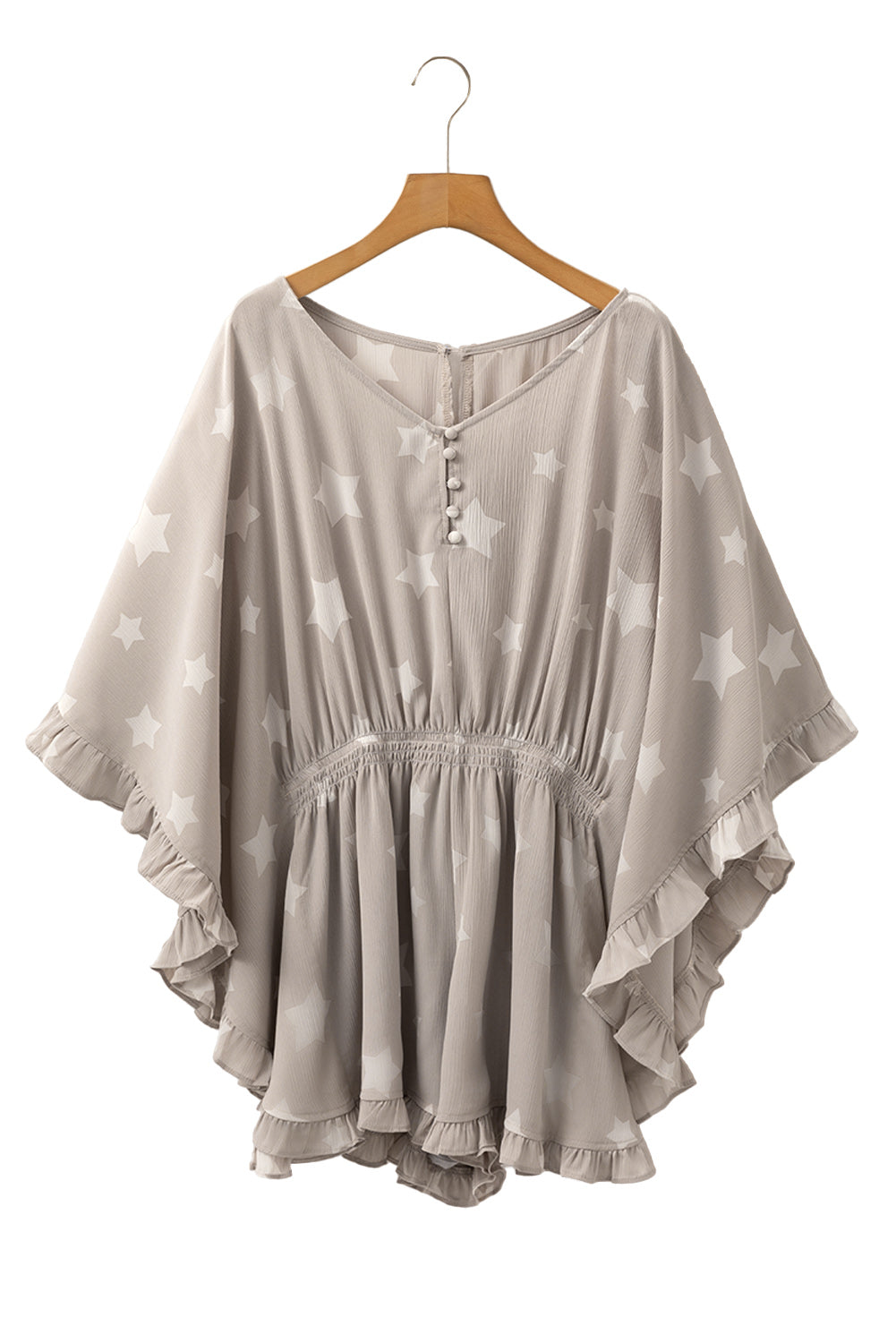 Gray Star Print Crinkle Textured Kimono Ruffle Sleeve Romper Bottoms JT's Designer Fashion