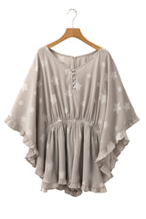 Gray Star Print Crinkle Textured Kimono Ruffle Sleeve Romper Bottoms JT's Designer Fashion
