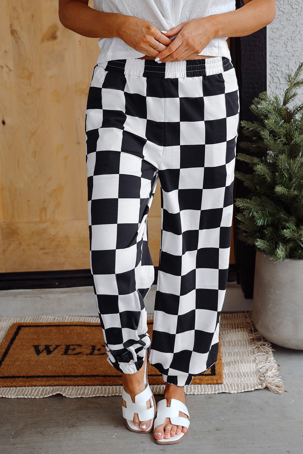 Black Checkerboard Elastic Waist Pocketed Joggers Pants & Culotte JT's Designer Fashion