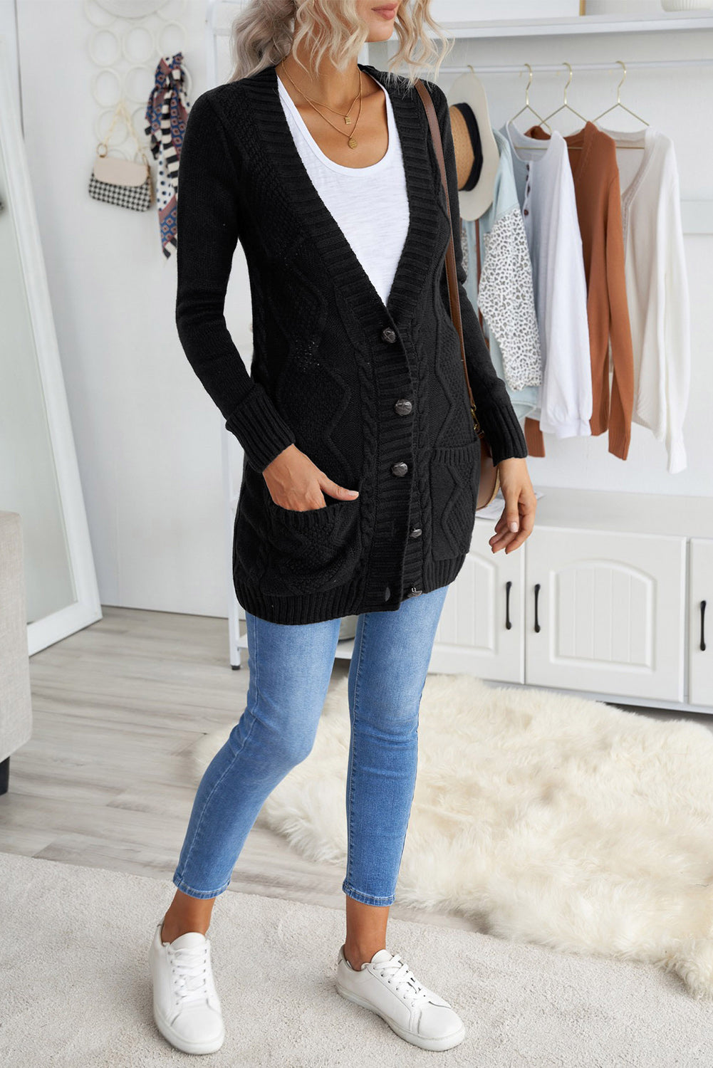 Black Front Pocket and Buttons Closure Cardigan Sweaters & Cardigans JT's Designer Fashion