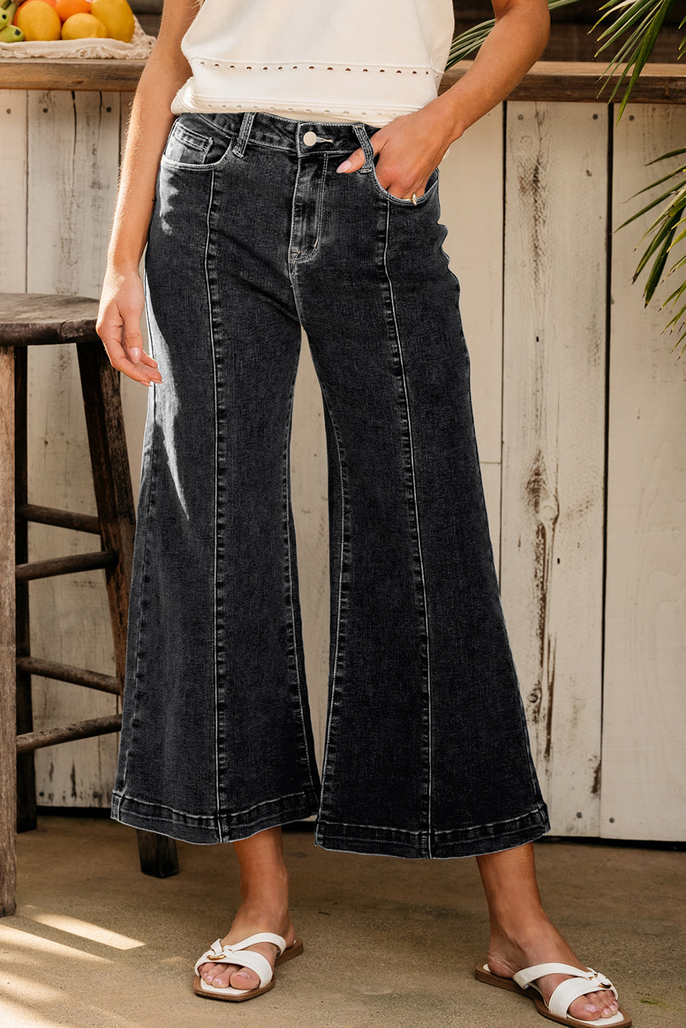 Black Plain Seam Detail Flared Bottom Ankle Length Jeans Jeans JT's Designer Fashion