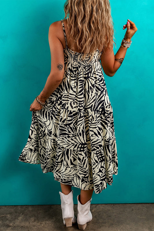 Khaki Tropical Palm Print Wrapped V Neck Spaghetti Straps Tiered Dress Midi Dresses JT's Designer Fashion