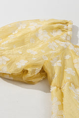 Yellow Boho Flower Jacquard Puff Sleeve Square Neck Mini Dress Floral Dresses JT's Designer Fashion