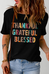 Black Thankful Grateful Blessed Leopard Print Crewneck T Shirt Graphic Tees JT's Designer Fashion