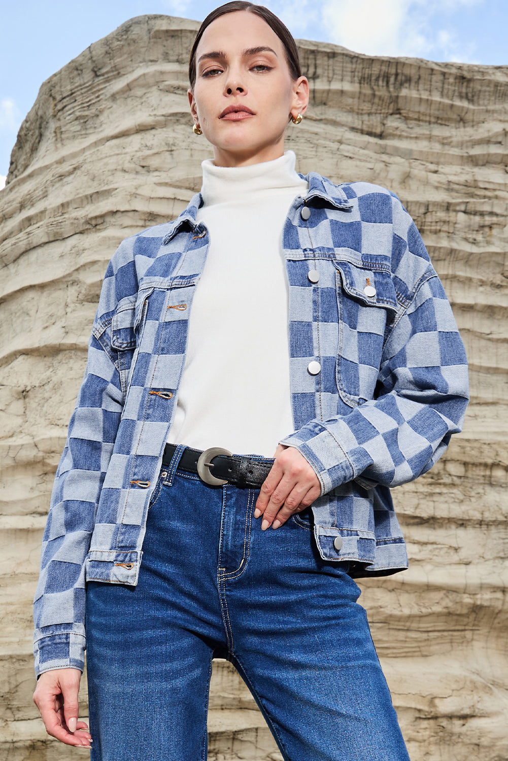 Light Blue Checkered Patchwork Button up Denim Jacket Denim Jackets JT's Designer Fashion