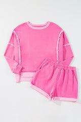 Sachet Pink High Low Patchwork Long Sleeve Top and Shorts Set Short Sets JT's Designer Fashion