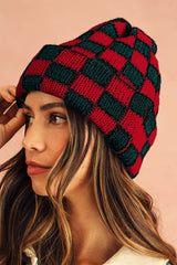 Racing Red Two Tone Checkered Folded Eaveless Beanie Cap Headwear JT's Designer Fashion