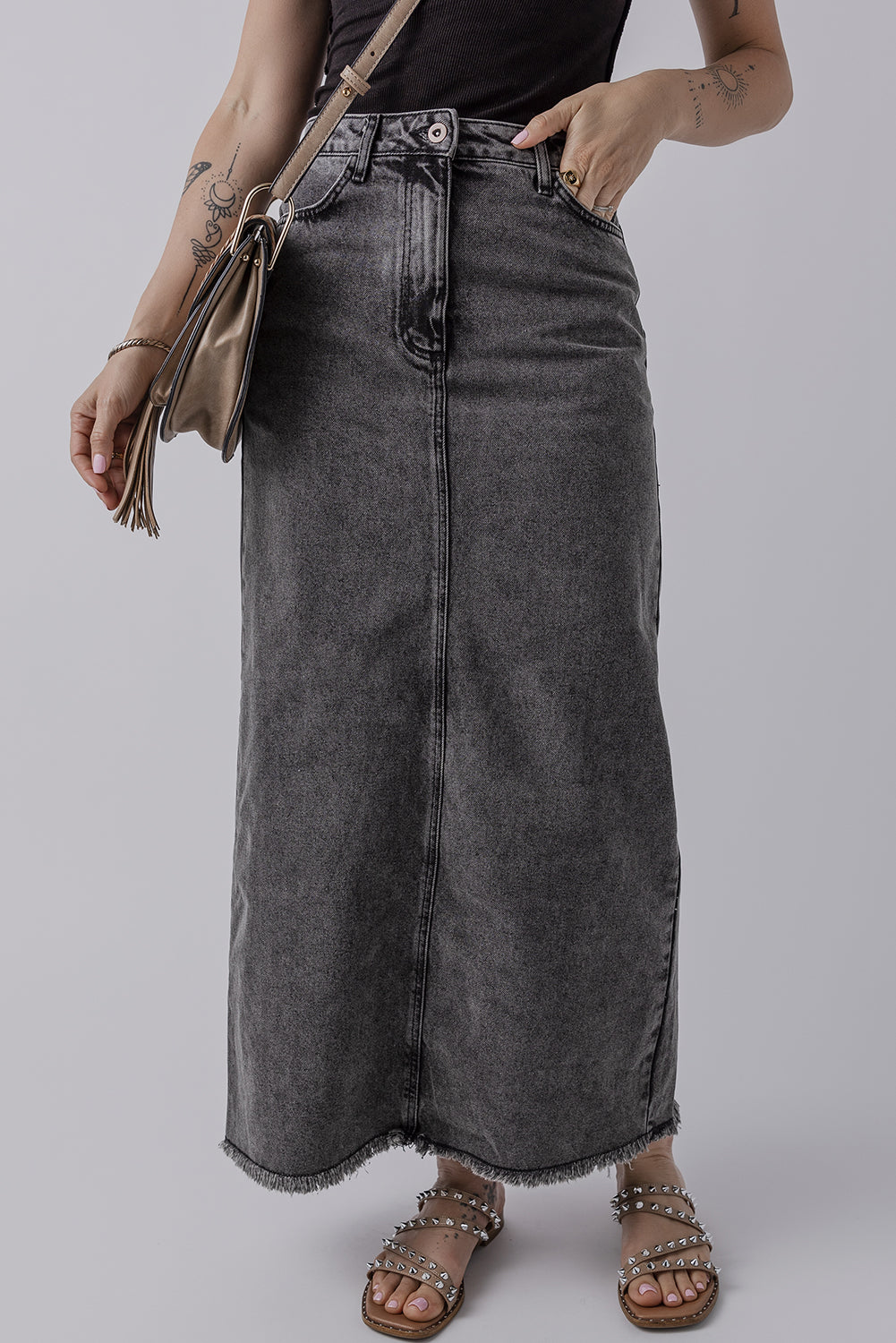 Dark Grey Denim Raw Hem Back Split High Waist Long Skirt Dark Grey 71%Cotton+27.5%Polyester+1.5%Elastane Skirts & Petticoat JT's Designer Fashion