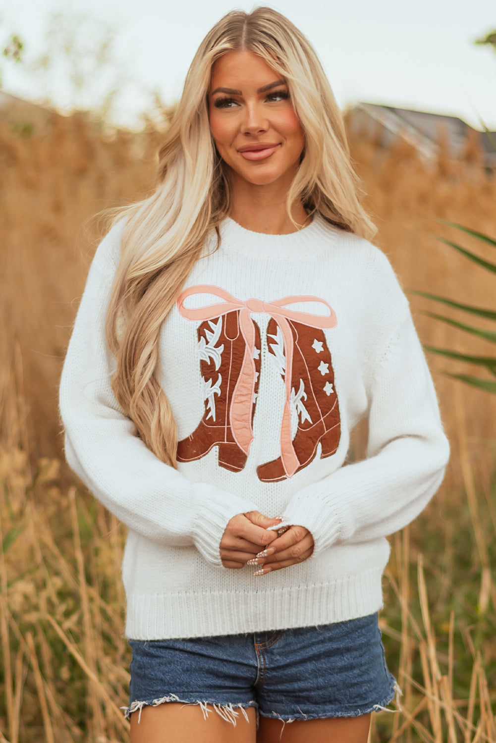 White Embroidered Bow Boots Graphic Drop Shoulder Sweater Sweaters JT's Designer Fashion