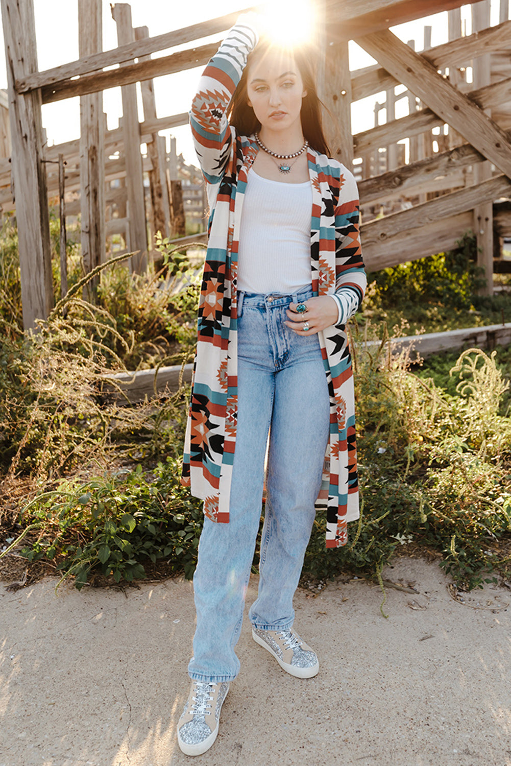 Multicolor Geometric Color Block Open Front Long Cardigan Sweaters & Cardigans JT's Designer Fashion