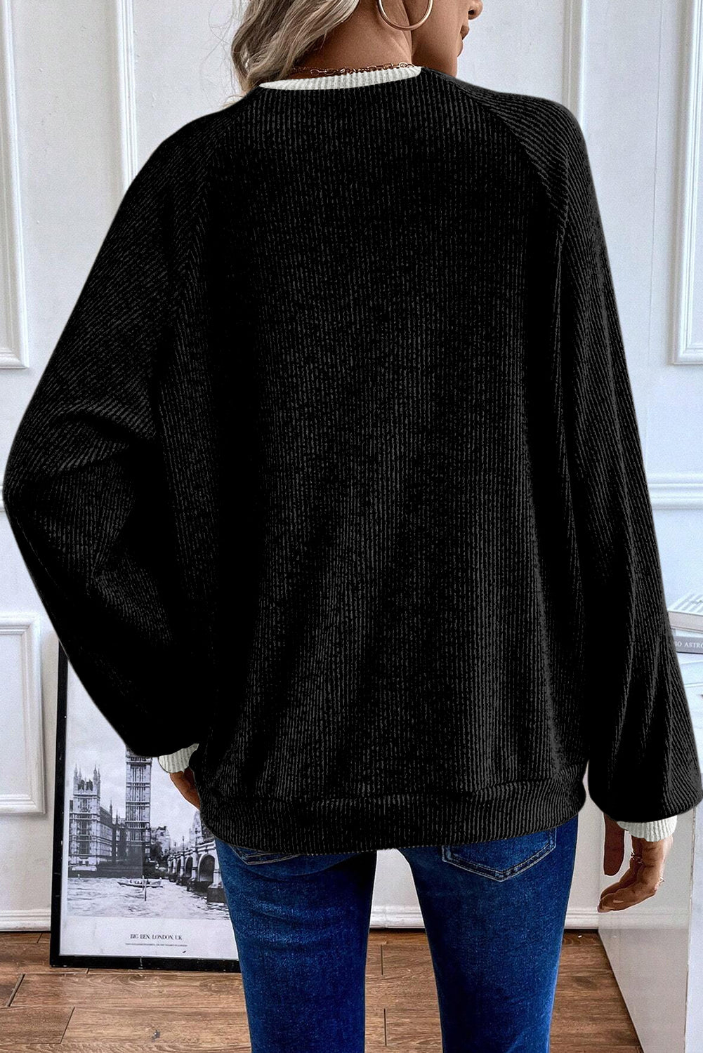 Black Color Contrast Ribbed Loose Fit Long Sleeve Top Long Sleeve Tops JT's Designer Fashion
