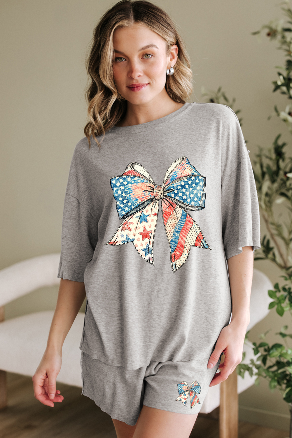Gray USA Flag Bow Print Half Sleeve Tee and High Waist Shorts Set Graphic Sets JT's Designer Fashion