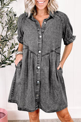 Medium Grey Mineral Wash Ruffled Short Sleeve Buttoned Denim Dress Dresses JT's Designer Fashion