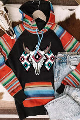 Multicolor Western Steer Head Aztec Serape Patchwork Pocketed Hoodie Graphic Sweatshirts JT's Designer Fashion