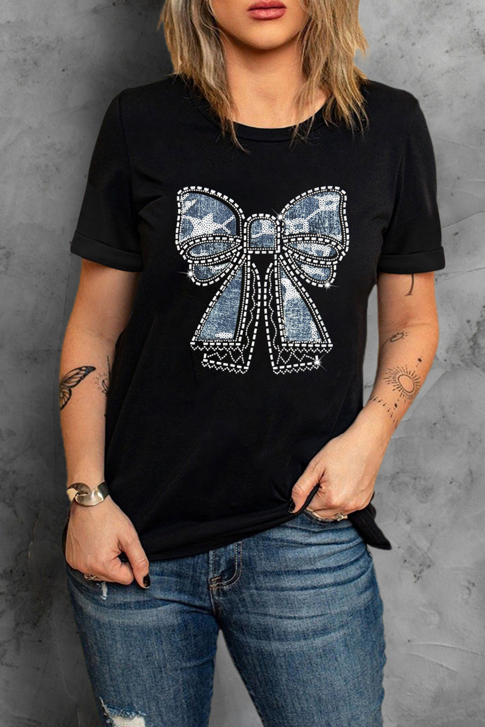 Black Rhinestone Bowknot Graphic Crewneck T Shirt Graphic Tees JT's Designer Fashion