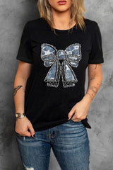 Black Rhinestone Bowknot Graphic Crewneck T Shirt Graphic Tees JT's Designer Fashion