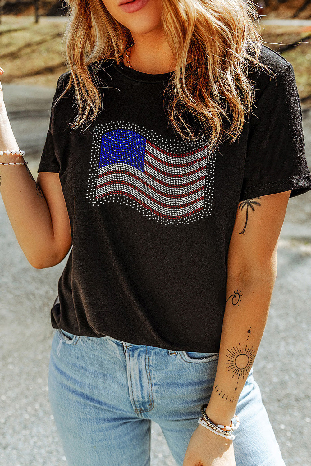 Black Rhinestone American Flag Casual Round Neck Tee Graphic Tees JT's Designer Fashion