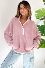Fushia Stand Neck Half Button Zip Pocket Plush Sweatshirt Sweatshirts & Hoodies JT's Designer Fashion