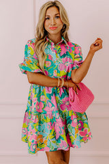 Green Floral Puff Sleeve Collar Buttoned Plus Babydoll Dress Dresses JT's Designer Fashion