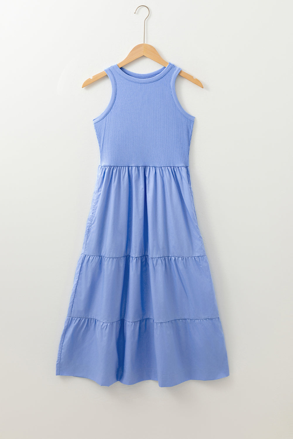 Myosotis Ribbed Vest Patchwork Tiered Midi Dress with Pockets Midi Dresses JT's Designer Fashion
