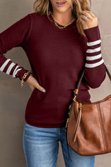 Red Striped Sleeve Plain Knit Sweater Sweaters JT's Designer Fashion
