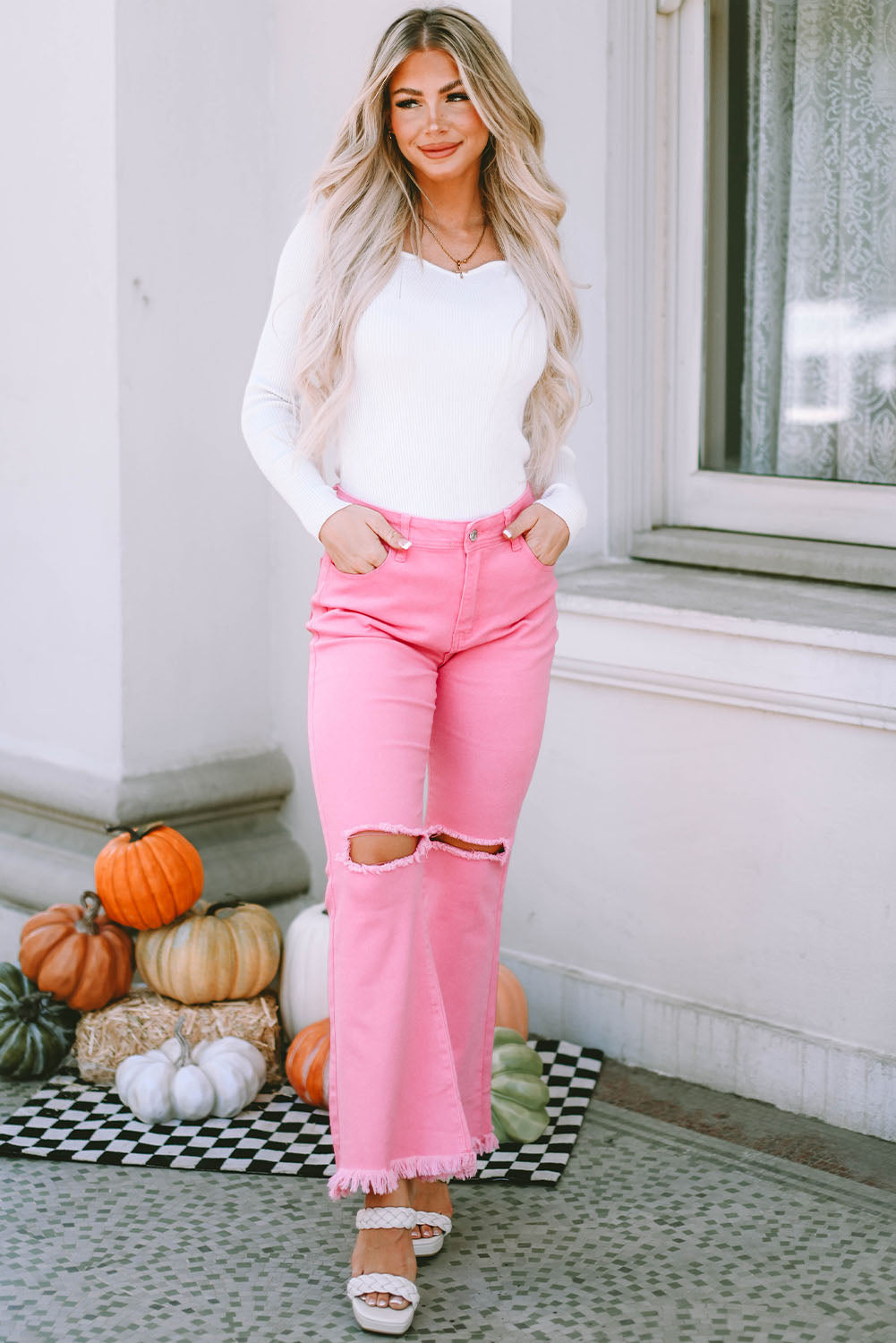 Pink Vintage High Waist Flare Leg Ripped Raw Hem Jeans Jeans JT's Designer Fashion
