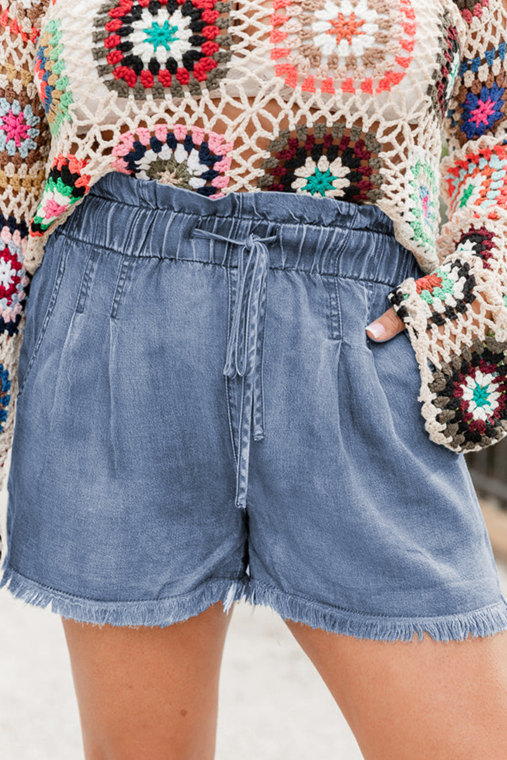 Dusk Blue Raw Hem Lace-up High Waist Plus Size Denim Shorts Dusk Blue 100%Cotton Plus Size Bottoms JT's Designer Fashion