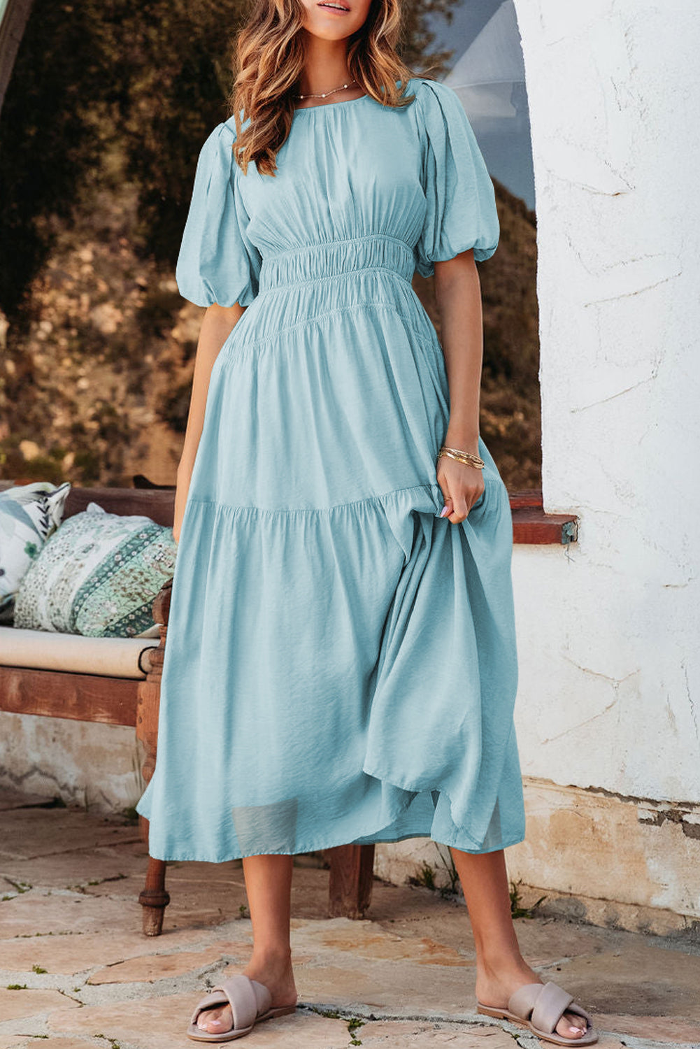 Light Blue Puff Sleeve Pleated High Waist Flowy Long Dress Light Blue 100%Polyester Maxi Dresses JT's Designer Fashion