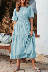 Light Blue Puff Sleeve Pleated High Waist Flowy Long Dress Light Blue 100%Polyester Maxi Dresses JT's Designer Fashion