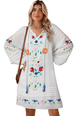White Floral Print Boho Tassel Tie Split Neck Tucking Detail Puff Sleeve Mini Dress Mini Dresses JT's Designer Fashion
