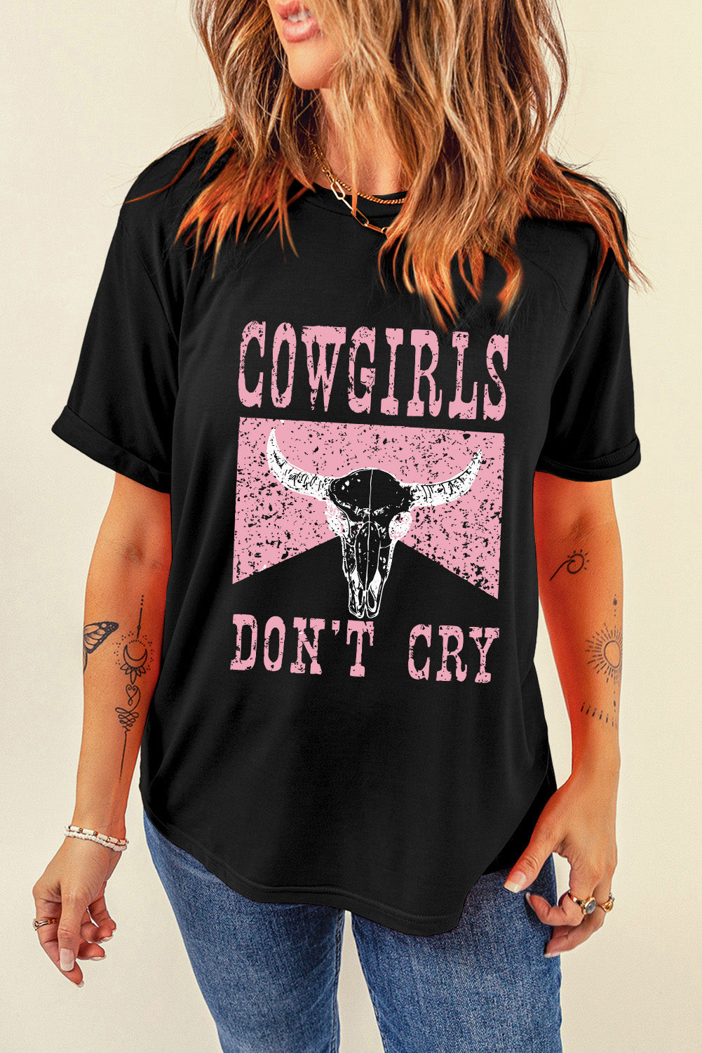 Black COWGIRL DONT CRY Steer Head Print Short Sleeve Top Graphic Tees JT's Designer Fashion