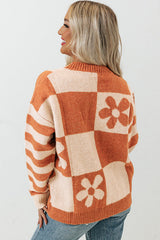 Brown Checkered Floral Print Striped Sleeve Sweater Sweaters JT's Designer Fashion