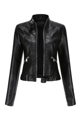 Black Faux Leather Snap Button Stand Neck Zipped Pocket Jacket Jackets JT's Designer Fashion