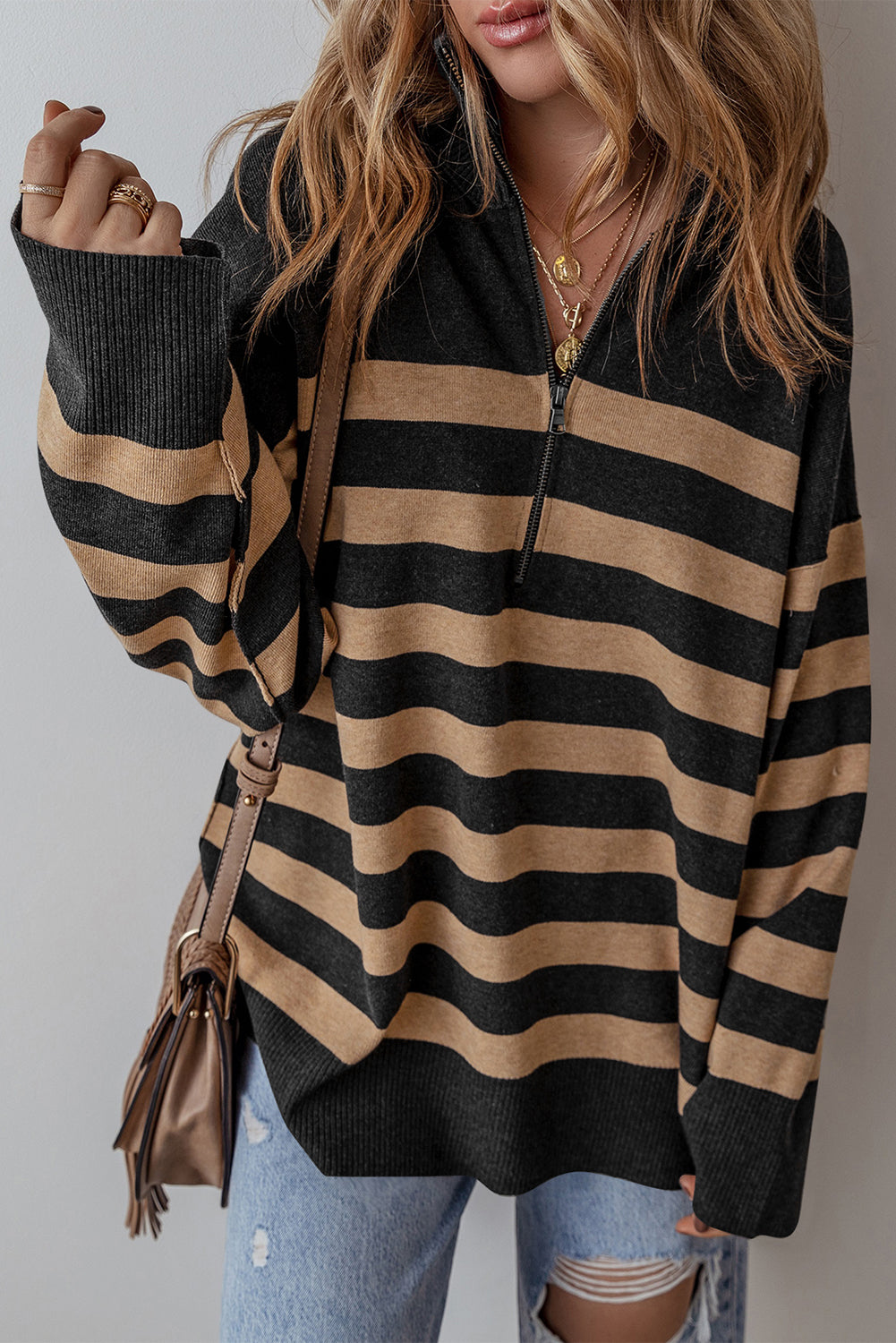 Black Stripe Collared Quarter Zipper Oversized Sweater Sweaters JT's Designer Fashion