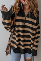 Black Stripe Collared Quarter Zipper Oversized Sweater Sweaters JT's Designer Fashion