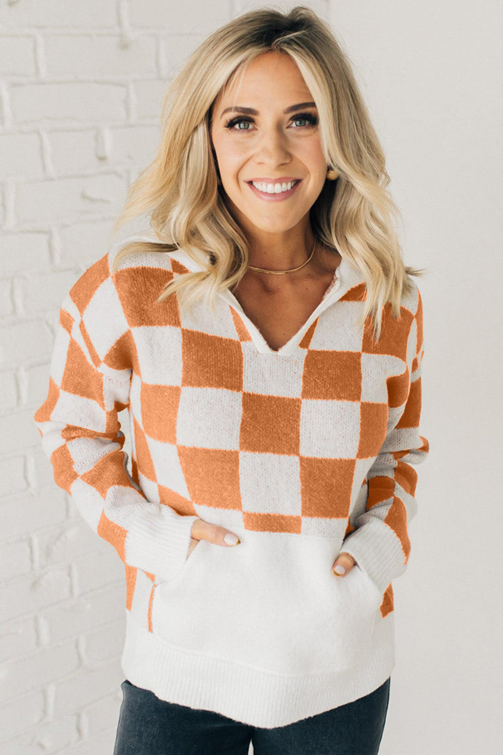 Gold Flame Checkered Split Neck Contrast Kangaroo Pocket Hooded Sweater Sweaters JT's Designer Fashion