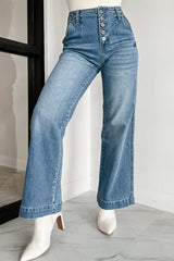 Dusk Blue Multi Buttons Medium Wash Straight Loose Leg Jeans Jeans JT's Designer Fashion