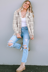 Khaki Plaid Removable Hood Buttoned Shacket Plaid Shackets JT's Designer Fashion