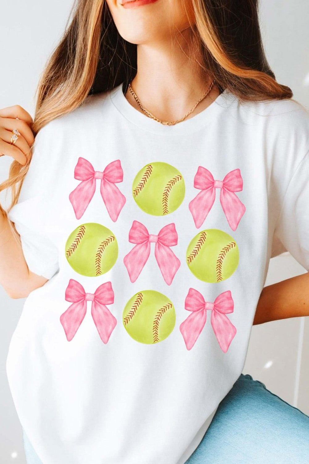 White Bow Tie Baseball Print Round Neck Casual Tee Graphic Tees JT's Designer Fashion